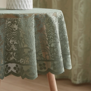 French retro round sage green lace tablecloth with elegant scalloped edges and floral pattern