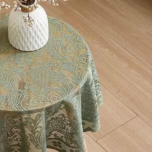 French country round tablecloth with sage green floral damask jacquard and ruffled edges