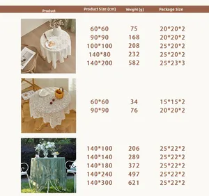 Size chart showing dimensions and weight for lace tablecloths in various floral patterns