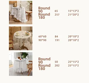 Size chart showing specifications for white sunflower lace and floral tablecloths