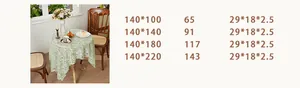 Size chart for white sunflower lace tablecloth showing various dimensions and packaging details