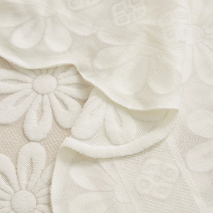Detailed close-up of white lace fabric with knitted daisy floral textured pattern