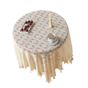 French vintage crochet lace tablecloth with fringe tassels for round dining tables