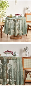 Macro detail of Morandi green lace tablecloth showing intricate crochet flower patterns
