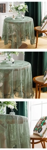 Detail of light green floral lace tablecloth with elegant embroidery and ruffled edges
