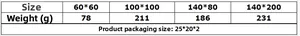Size chart for floral polyester tablecloth showing dimensions and weights per square unit