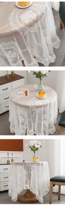 Close-up of white lace tablecloth with floral patterns and delicate scalloped wavy edges