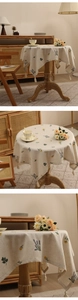 Close-up of floral embroidery and fringe tassels on a beige linen round tablecloth