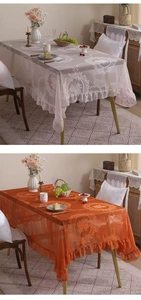 Detail of European floral lace tablecloth with pleated ruffle edges and knitted texture