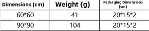 Size chart table for lace tablecloth showing weight and packaging dimensions per size