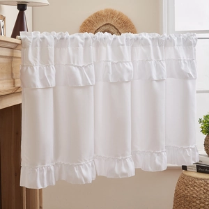 White phantom yarn cafe curtain with tiered ruffles for kitchen window decoration