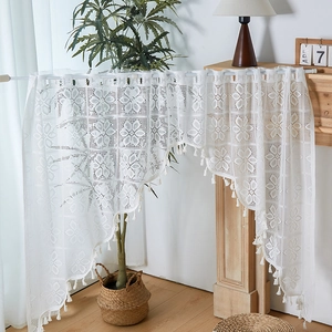 French Vintage Lace Door Curtain Polyester Hollow Out Flower Pattern With Tassels Rod Pocket Sheer Cafe Curtain