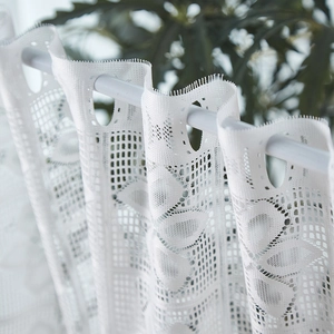 White French lace door curtain with floral embroidery and rod pocket header design