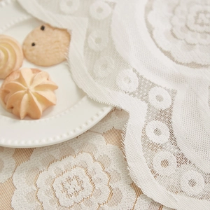 Close-up of white floral lace tablecloth featuring intricate crochet and mesh texture