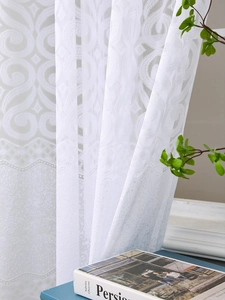 Detailed close-up of white lace curtain showing intricate floral jacquard and mesh texture