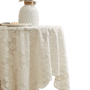 Off-white lace tablecloth with 3D daisy relief pattern and wavy edge for round tables