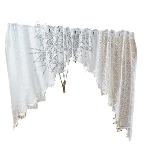 White French lace door curtain with floral embroidery and tassel fringe for home decor