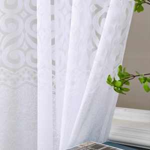 White lace curtain with elegant floral jacquard pattern and metal grommet top for home decor