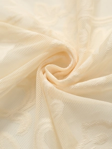 Macro detail of cream lace curtain fabric with floral embroidery and mesh texture