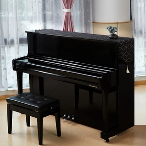 Black piano cover cloth with golden geometric lines and white decorative tassels