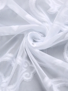 Detailed close-up of white lace mesh fabric with intricate floral patterns and textures
