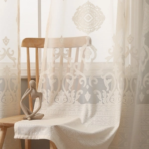 White French damask embroidered tulle curtain with elegant lace hem for living rooms