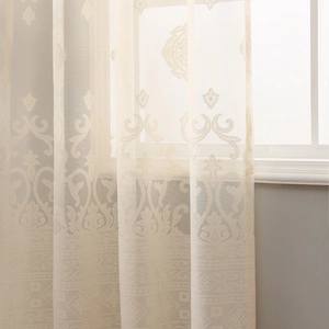 Lace tulle curtain with floral embroidery and metal rings for home decor in cream white