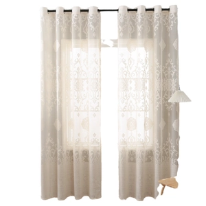 Set of beige Damascus pattern sheer curtains with bronze eyelets for bedroom and living room