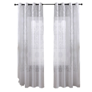 White translucent curtains with damascus pattern and black eyelet rings for home windows
