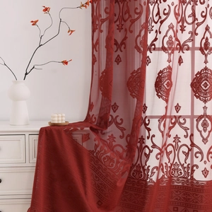 Elegant dark red embroidered lace sheer curtains with vintage floral patterns for windows