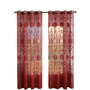 Red Damascus pattern sheer curtain with metal grommets for living room window decor