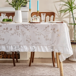 Beige rectangular lace tablecloth with coffee floral jacquard and elegant ruffle edges