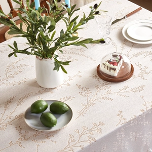 Linen tablecloth with brown branch embroidery for minimalist dining table decor