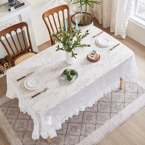White rectangle floral tablecloth with ruffles for dining table home decor