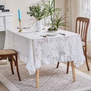 Rectangular Tablecloth Polyester Floral Print Ruffle Edge American Pastoral Style Anti-Scald Non-Slip Table Cover