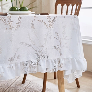White lavender pastoral lace tablecloth with ruffle edges and brown leaf print design