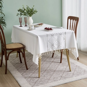 Nappe Rectangulaire en Dentelle Blanche Vintage Français Avec Glands Jacquard Motif Floral Ajouré Élégant Couvre-table