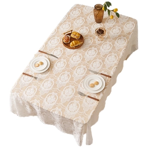 French vintage rectangular lace tablecloth with white floral patterns and wavy edges
