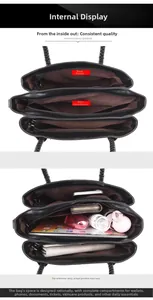 Internal view of black wax leather tote showing three main compartments and storage capacity