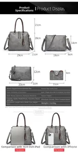 Size chart showing 4-piece tote set dimensions with detailed handbag measurements