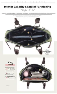 Detail view of the green tote bag interior showing multiple compartments and large capacity