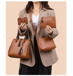 Brown PU leather bag set of 4 with tote, crossbody, pouch, and cat tassel charm
