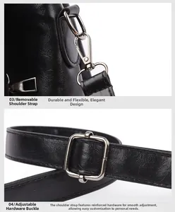 Detail of durable silver hardware hooks and adjustable buckle on black leather strap