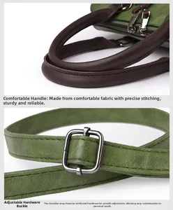 Detail of green handbag showing reinforced brown handles and adjustable strap with hardware