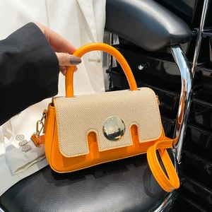 Women Crossbody Bag PU Leather Woven Flap Patchwork Round Gold Buckle Handbag French Style Trendy Small Square Purse