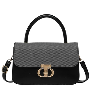 Fashionable black and grey square shoulder bag with gold T-shaped lock for women