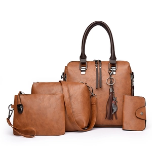 Women Vintage PU Leather Tote And Crossbody Bag And Clutch And Wallet With Cat Pendant Tassel Daily Fashion Handbag