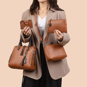 Retro brown textured leather 4-piece handbag set with tote, crossbody bag, and clutch