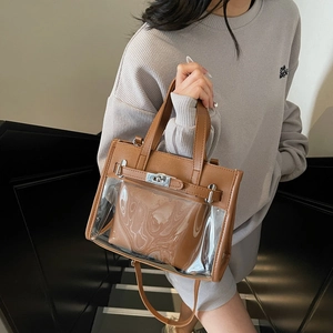 Borsa a mano trasparente in PVC marrone da donna con pochette e tracolla regolabile
