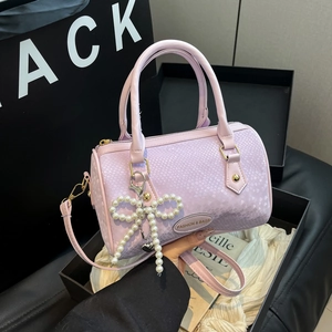 Fashion Snake Print PU Leather Pillow Crossbody Bag With Artificial Pearl Bow Pendant Retro Small Boston Handbag For Women Shoulder Bag